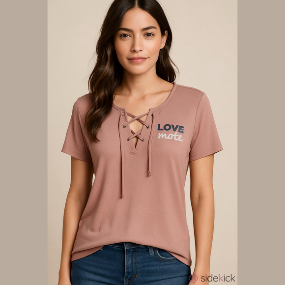Kinde karma Tops - Pink Lace-Up T-Shirt with 'Love More' Print